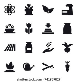 16 vector icon set : atom, flower, factory, flower bed, field, flour, harvest, beet, sprouting, watering can, pruner, carrot