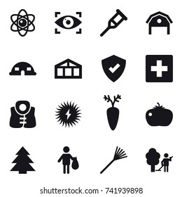 16 vector icon set : atom, eye identity, barn, dome house, greenhouse, first aid, life vest, tomato, spruce, trash, rake, garden cleaning