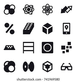 16 vector icon set : atom core, atom, up down arrow, percent, brick, 3d, taxi, rack, ring button