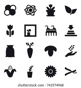 16 vector icon set : atom core, atom, flower, flower in window, mushroom, harvest, corn, seedling, pruner