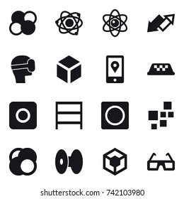 16 vector icon set : atom core, atom, up down arrow, virtual mask, 3d, taxi, ring button, rack