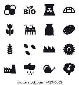 16 vector icon set : atom core, bio, nuclear power, greenhouse, seeds, seedling, flower, factory, sow, watering can, garden