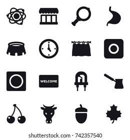 16 vector icon set : atom, market, magnifier, stadium, watch, curtain, ring button, welcome mat, turk, cherry, cow, acorn, maple leaf
