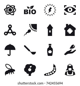 16 vector icon set : atom, bio, lightning, eye identity, spinner, tower, smart house, ladle, hand leaf, wasp, garden, peas, cleaner