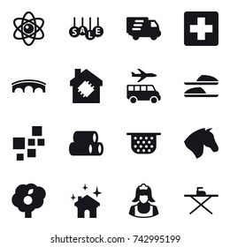 16 vector icon set : atom, sale, delivery, bridge, smart house, transfer, slippers, colander, horse, garden, house cleaning, cleaner, iron board