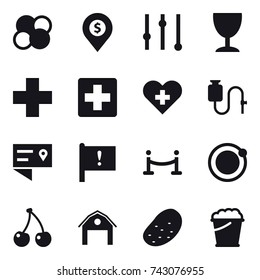 16 vector icon set : atom core, dollar pin, equalizer, wineglass, vip fence, cherry, barn, potato, foam bucket