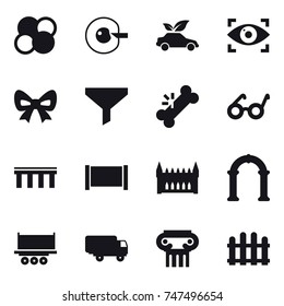 16 vector icon set : atom core, cell corection, eco car, eye identity, bow, funnel, bridge, fence, gothic architecture, arch, antique column