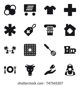 16 vector icon set : atom core, delivery, t-shirt, column, smart house, palm hammock, whisk, cow, hand leaf, cleaner