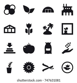 16 vector icon set : atom core, hangare, factory, greenhouse, island, flower in window, flour, harvest, seedling, flower, pruner, ecology