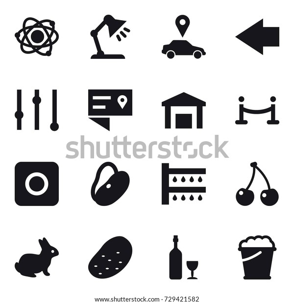 16 vector icon set : atom,\
table lamp, car pointer, left arrow, equalizer, vip fence, ring\
button, watering, cherry, rabbit, potato, wine, foam\
bucket