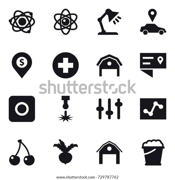 16 vector icon set\
: atom, table lamp, car pointer, dollar pin, barn, ring button,\
cherry, beet, foam bucket