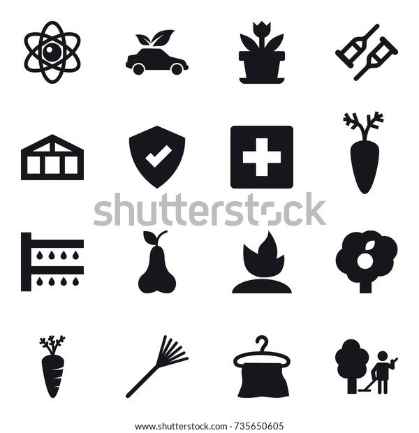 16 vector icon set : atom, eco car, flower,\
greenhouse, first aid, watering, pear, sprouting, garden, carrot,\
rake, hanger, garden\
cleaning