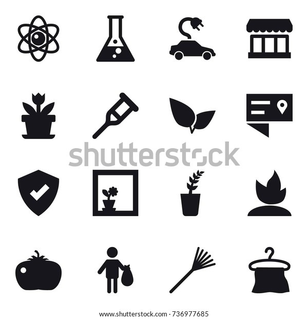 16 vector icon set : atom, flask, electric car,\
market, flower, flower in window, seedling, sprouting, tomato,\
trash, rake, hanger