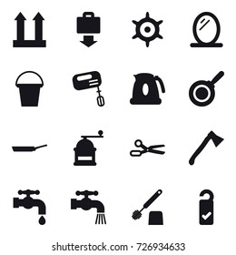 16 vector icon set : baggage get, handwheel, mirror, bucket, mixer, kettle, pan, hand mill, scissors, axe, water tap, toilet brush, please clean