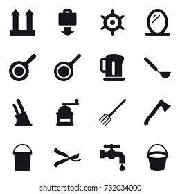 16 vector icon set : baggage get, handwheel, mirror, pan, kettle, ladle, knife holder, hand mill, fork, axe, bucket, pruner, water tap