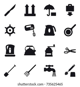 16 vector icon set : baggage get, handwheel, mixer, kettle, pan, hand mill, scissors, shovel, fork, water tap, toilet brush