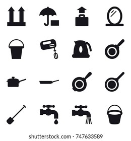 16 vector icon set : baggage, mirror, bucket, mixer, kettle, pan, saute pan, shovel, water tap