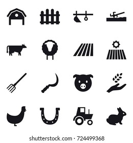 16 vector icon set : barn, fence, plow, soil cutter, cow, sheep, field, fork, sickle, pig, harvest, chicken, horseshoe, tractor, rabbit