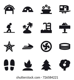16 vector icon set : barn, dome house, flower bed, trailer, tourist, island, pool, restaurant, starfish, jet ski, cooler fan, inflatable pool, slippers, sprouting, spruce, garden