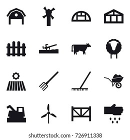 16 vector icon set : barn, windmill, greenhouse, fence, soil cutter, cow, sheep, field, fork, rake, wheelbarrow, harvester, farm fence, sow