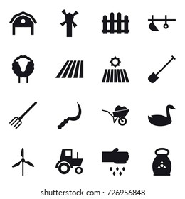 16 vector icon set : barn, windmill, fence, plow, sheep, field, shovel, fork, sickle, wheelbarrow, goose, tractor, sow, fertilizer