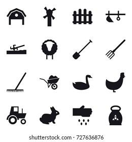 16 vector icon set : barn, windmill, fence, plow, soil cutter, sheep, shovel, fork, rake, wheelbarrow, goose, chicken, tractor, rabbit, sow, fertilizer