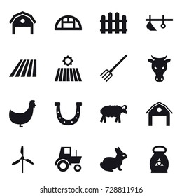 16 vector icon set : barn, greenhouse, fence, plow, field, fork, cow, chicken, horseshoe, sheep, windmill, tractor, rabbit, fertilizer