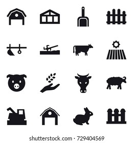 16 vector icon set : barn, greenhouse, scoop, fence, plow, soil cutter, cow, field, pig, harvest, sheep, harvester, rabbit, grain elevator