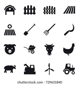 16 vector icon set : barn, fence, field, shovel, fork, sickle, pig, wheelbarrow, cow, chicken, sheep, harvester, windmill, tractor