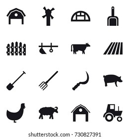 16 vector icon set : barn, windmill, greenhouse, scoop, fence, plow, cow, field, shovel, fork, sickle, pig, chicken, sheep, tractor