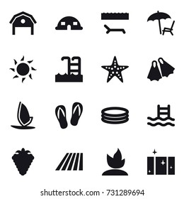 16 vector icon set : barn, dome house, lounger, sun, pool, starfish, flippers, windsurfing, flip-flops, inflatable pool, berry, field, sprouting, clean  window