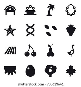 16 vector icon set : barn, flower bed, palm, hawaiian wreath, starfish, seeds, berry, field, cherry, pear, goose, udder, egg, garden, maple leaf