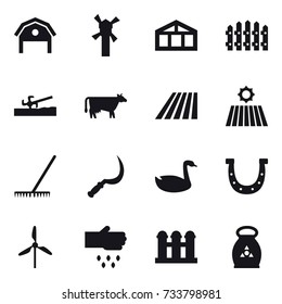 16 vector icon set : barn, windmill, greenhouse, fence, soil cutter, cow, field, rake, sickle, goose, horseshoe, sow, grain elevator, fertilizer