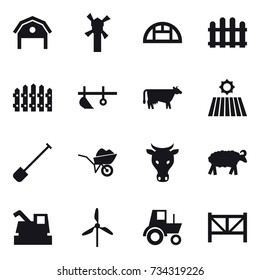 16 vector icon set : barn, windmill, greenhouse, fence, plow, cow, field, shovel, wheelbarrow, sheep, harvester, tractor, farm fence