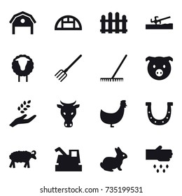 16 vector icon set : barn, greenhouse, fence, soil cutter, sheep, fork, rake, pig, harvest, cow, chicken, horseshoe, harvester, rabbit, sow