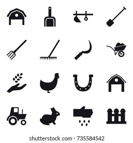 16 vector icon set : barn, scoop, plow, shovel, fork, rake, sickle, wheelbarrow, harvest, chicken, horseshoe, tractor, rabbit, sow, grain elevator