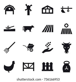 16 vector icon set : barn, windmill, greenhouse, plow, soil cutter, cow, field, fork, wheelbarrow, harvest, chicken, farm fence, grain elevator, fertilizer