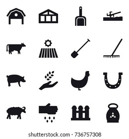 16 vector icon set : barn, greenhouse, scoop, soil cutter, cow, field, shovel, rake, pig, harvest, chicken, horseshoe, sheep, sow, grain elevator, fertilizer