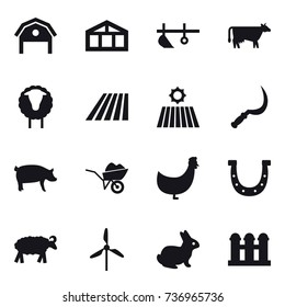 16 vector icon set : barn, greenhouse, plow, cow, sheep, field, sickle, pig, wheelbarrow, chicken, horseshoe, windmill, rabbit, grain elevator
