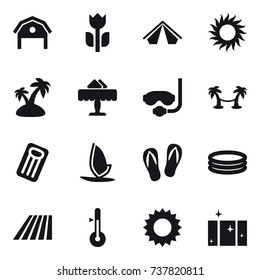 16 vector icon set : barn, tent, sun, island, restaurant, diving mask, palm hammock, inflatable mattress, windsurfing, flip-flops, inflatable pool, field, thermometer, clean  window