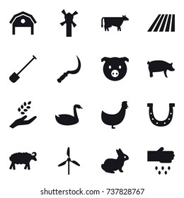 16 vector icon set : barn, windmill, cow, field, shovel, sickle, pig, harvest, goose, chicken, horseshoe, sheep, rabbit, sow