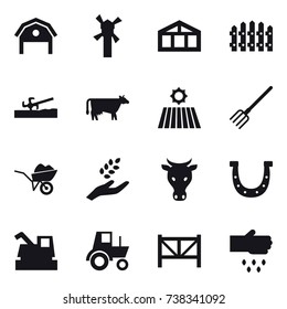 16 vector icon set : barn, windmill, greenhouse, fence, soil cutter, cow, field, fork, wheelbarrow, harvest, horseshoe, harvester, tractor, farm fence, sow