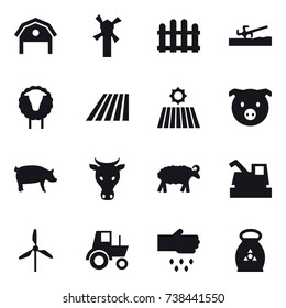 16 vector icon set : barn, windmill, fence, soil cutter, sheep, field, pig, cow, harvester, tractor, sow, fertilizer