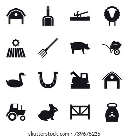 16 vector icon set : barn, scoop, soil cutter, sheep, field, fork, pig, wheelbarrow, goose, horseshoe, harvester, tractor, rabbit, farm fence, fertilizer