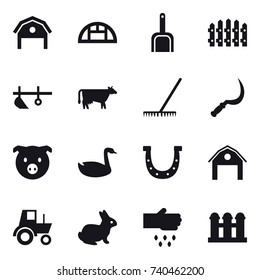 16 vector icon set : barn, greenhouse, scoop, fence, plow, cow, rake, sickle, pig, goose, horseshoe, tractor, rabbit, sow, grain elevator