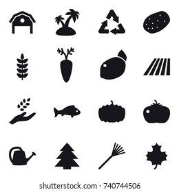 16 vector icon set : barn, island, field, harvest, fish, pumpkin, tomato, watering can, spruce, rake, maple leaf