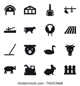 16 vector icon set : barn, greenhouse, scoop, plow, soil cutter, cow, sheep, field, rake, pig, goose, harvester, rabbit, grain elevator