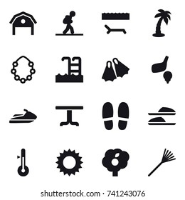 16 vector icon set : barn, tourist, lounger, palm, hawaiian wreath, pool, flippers, golf, jet ski, table, slippers, thermometer, sun, garden, rake