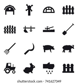 16 vector icon set : barn, windmill, greenhouse, fence, plow, soil cutter, shovel, fork, sickle, pig, sheep, tractor, rabbit, sow, grain elevator