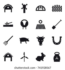 16 vector icon set : barn, windmill, greenhouse, fence, soil cutter, sheep, field, shovel, fork, pig, cow, horseshoe, rabbit, fertilizer